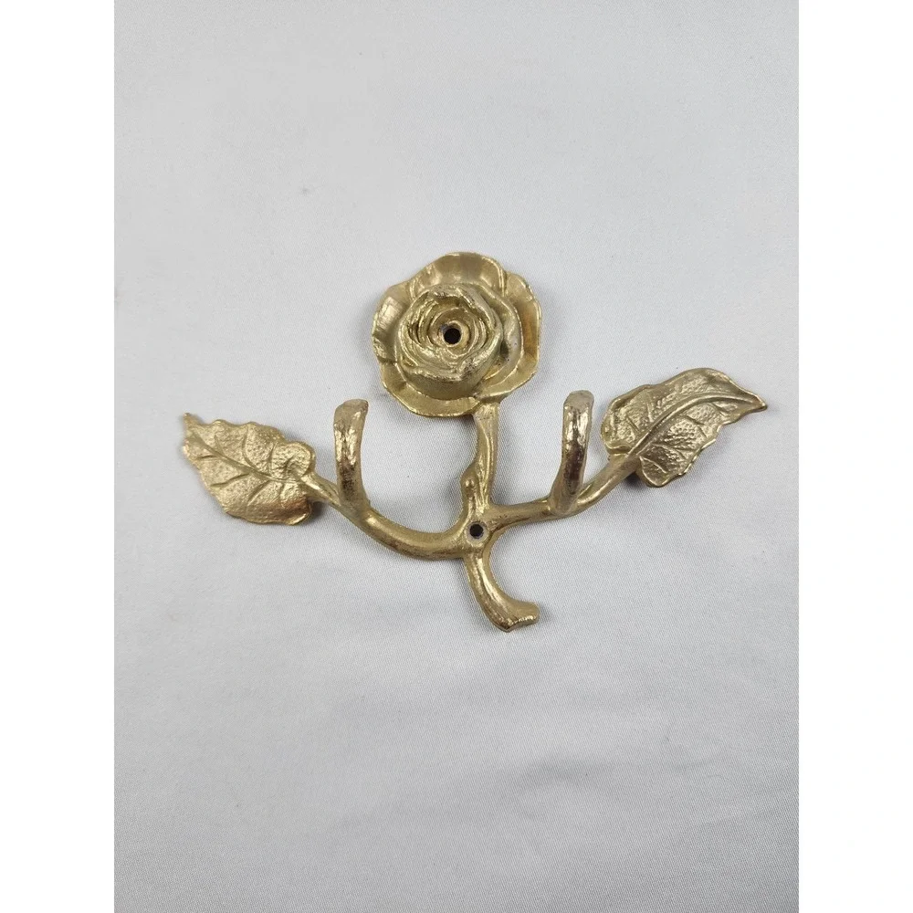 Vintage Brass Rose Double Wall Hook Floral Coat Key Towel Hanger Cottage Decor